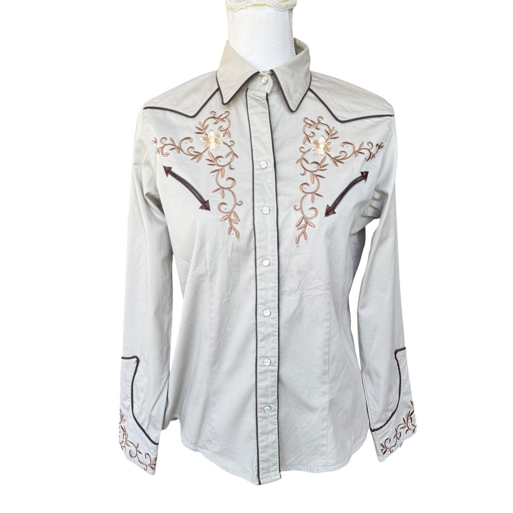 Sedona West Womens Tan Embroidered Western Pearl Snap Shirt Floral Rhinestone M